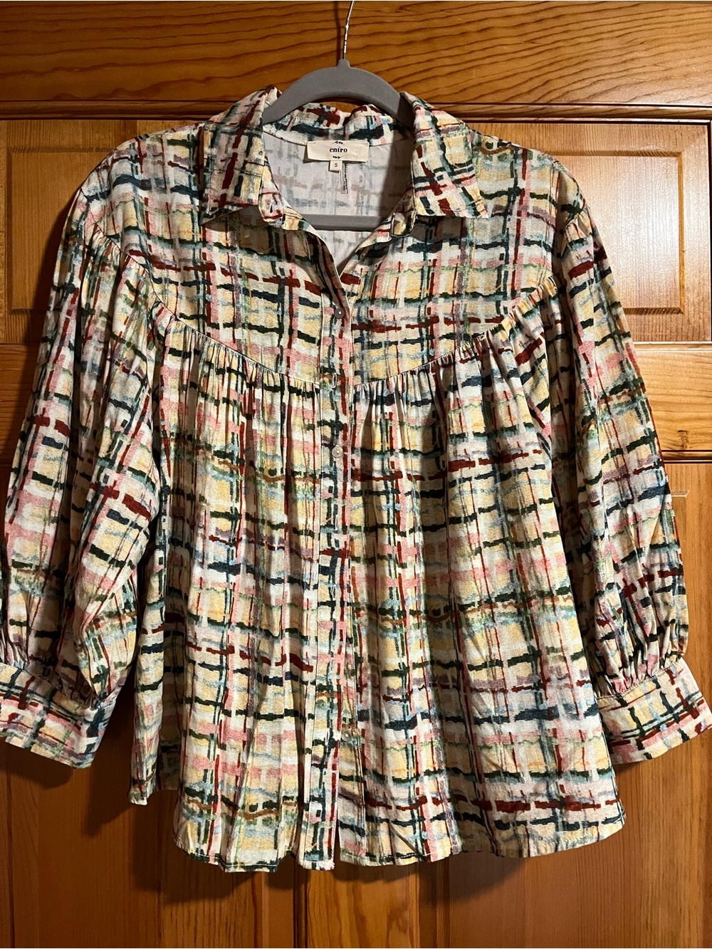 entro Small Abstract Plaid Babydoll Button Front Blouse Long Sleeve Boho